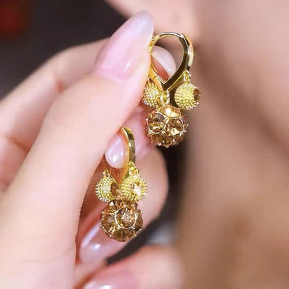 💎👂Boucles d'Oreilles Vintage Dorées – Boule de Cristal Violette, Placage Or & Pendentif Sculpté (Créoles à Clip)