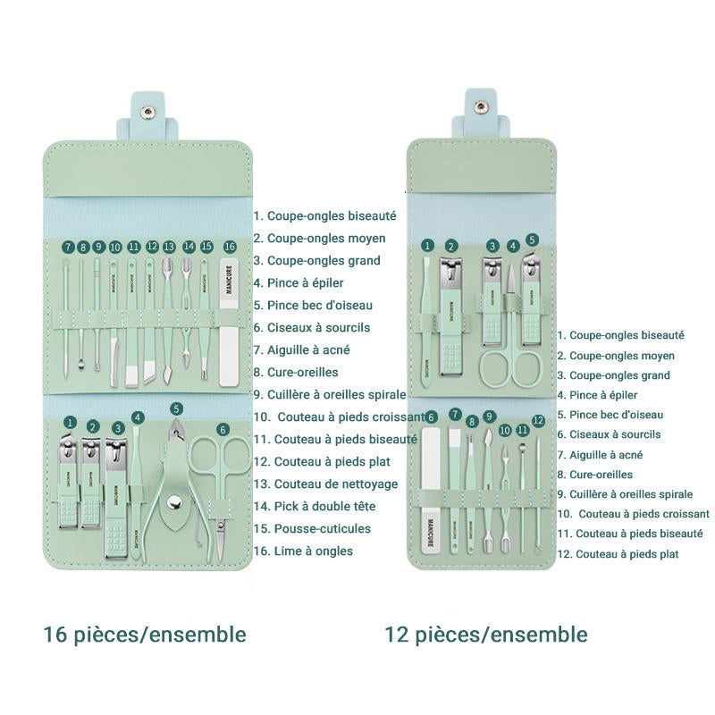 ✂️🧰 50% DE RÉDUCTION – Kit de Coupe-Ongles Portable (12/16 Pièces) | Acier inoxydable, étui en simili cuir, idéal pour la maison et les voyages 🎒✨