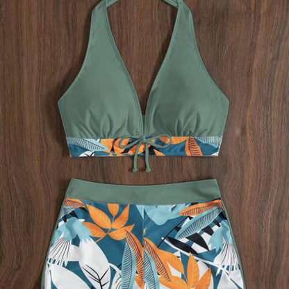 👙 50% DE RÉDUCTION! 🌿 Maillot de Bain Deux Pièces Col Licou Décolleté en V – Motif Feuilles, Détail Croisé & Parfait Pour Un Look Élégant À La Plage 🏖️