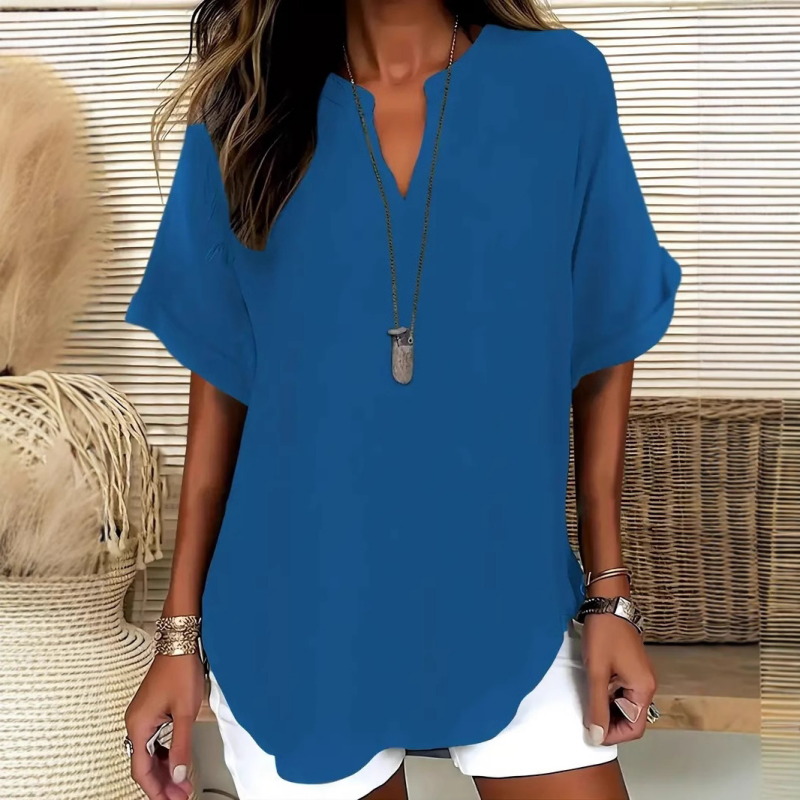👚 50% DE RÉDUCTION! 🔥 Top Ample à Manches Courtes Tendance – Col en V Cranté, Ourlet Asymétrique & Tissu Léger (5 Couleurs, S–2XL) 🌸