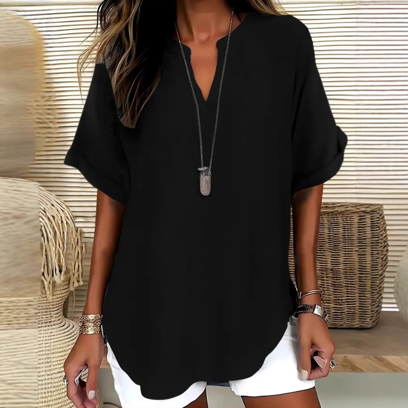 👚 50% DE RÉDUCTION! 🔥 Top Ample à Manches Courtes Tendance – Col en V Cranté, Ourlet Asymétrique & Tissu Léger (5 Couleurs, S–2XL) 🌸