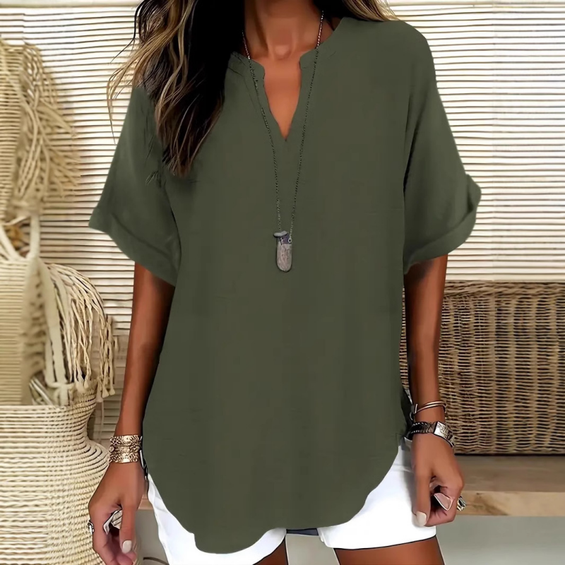 👚 50% DE RÉDUCTION! 🔥 Top Ample à Manches Courtes Tendance – Col en V Cranté, Ourlet Asymétrique & Tissu Léger (5 Couleurs, S–2XL) 🌸