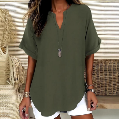 👚 50% DE RÉDUCTION! 🔥 Top Ample à Manches Courtes Tendance – Col en V Cranté, Ourlet Asymétrique & Tissu Léger (5 Couleurs, S–2XL) 🌸