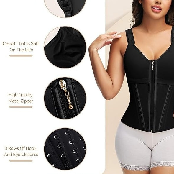 💎 50% DE RÉDUCTION ! 💎 Gaine Amincissante Ventre Plat – 17 Baleines en Acier, Double Compression & Bretelles Réglables 🖤✨