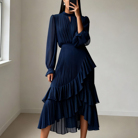 Robe midi plissée pour femme avec volants et encolure en trou de serrure