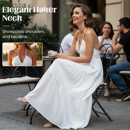 💎 60% DE RÉDUCTION ! 💎 Robe Maxi À Étages Col Licou Dos Nu – Tissu Léger, Silhouette Fluide & Imprimé Été ☀️🌸