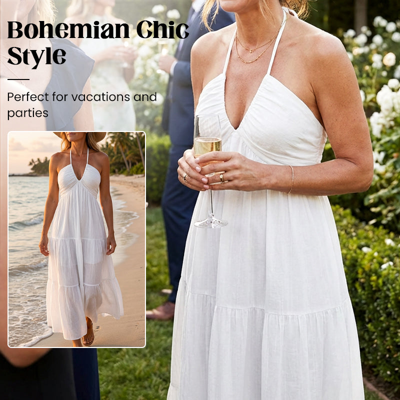 💎 60% DE RÉDUCTION ! 💎 Robe Maxi À Étages Col Licou Dos Nu – Tissu Léger, Silhouette Fluide & Imprimé Été ☀️🌸