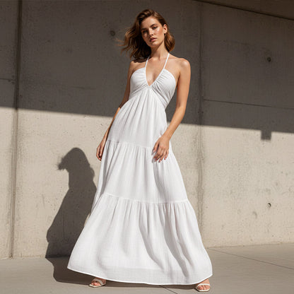 💎 60% DE RÉDUCTION ! 💎 Robe Maxi À Étages Col Licou Dos Nu – Tissu Léger, Silhouette Fluide & Imprimé Été ☀️🌸
