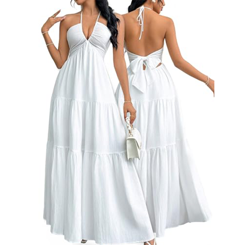💎 60% DE RÉDUCTION ! 💎 Robe Maxi À Étages Col Licou Dos Nu – Tissu Léger, Silhouette Fluide & Imprimé Été ☀️🌸