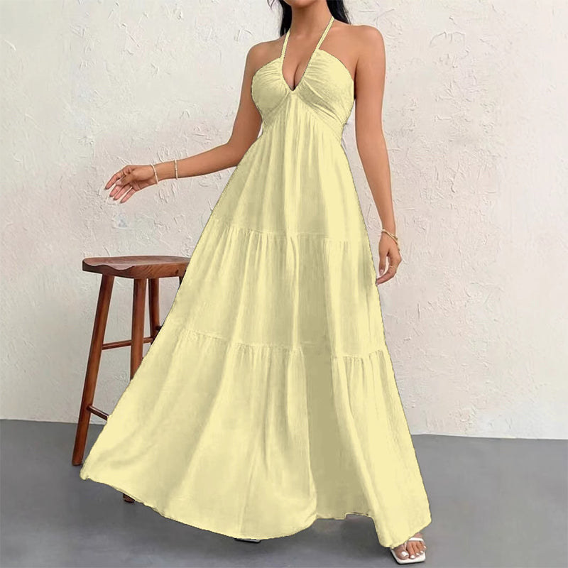 💎 60% DE RÉDUCTION ! 💎 Robe Maxi À Étages Col Licou Dos Nu – Tissu Léger, Silhouette Fluide & Imprimé Été ☀️🌸