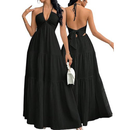 💎 60% DE RÉDUCTION ! 💎 Robe Maxi À Étages Col Licou Dos Nu – Tissu Léger, Silhouette Fluide & Imprimé Été ☀️🌸