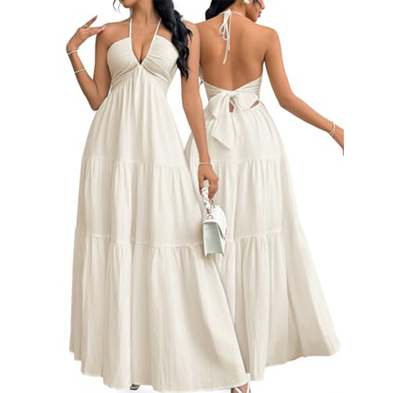 💎 60% DE RÉDUCTION ! 💎 Robe Maxi À Étages Col Licou Dos Nu – Tissu Léger, Silhouette Fluide & Imprimé Été ☀️🌸