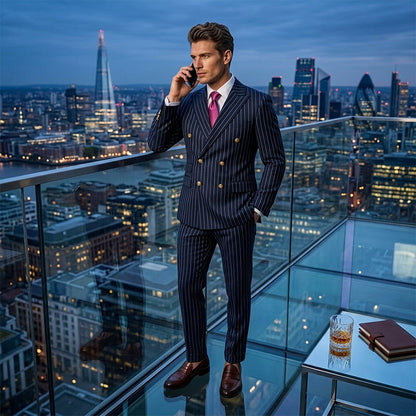 🔥Offre à durée limitée - Ensemble costume à double boutonnage à fines rayures pour homme