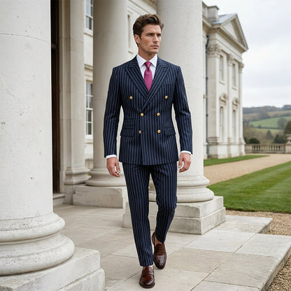 🔥Offre à durée limitée - Ensemble costume à double boutonnage à fines rayures pour homme