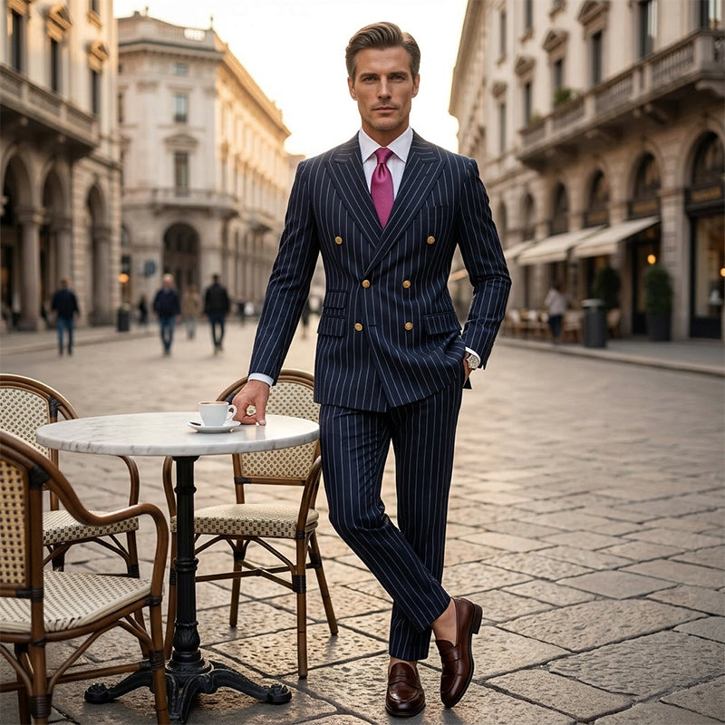 🔥Offre à durée limitée - Ensemble costume à double boutonnage à fines rayures pour homme