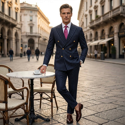 🔥Offre à durée limitée - Ensemble costume à double boutonnage à fines rayures pour homme