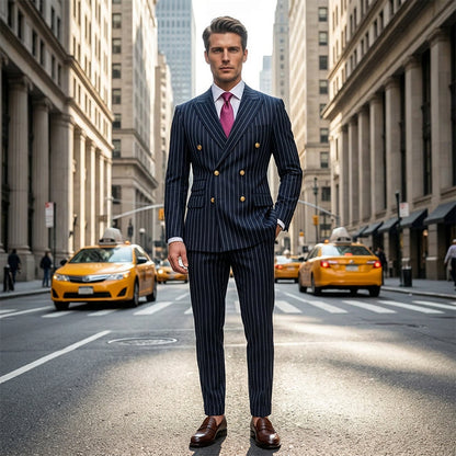 🔥Offre à durée limitée - Ensemble costume à double boutonnage à fines rayures pour homme