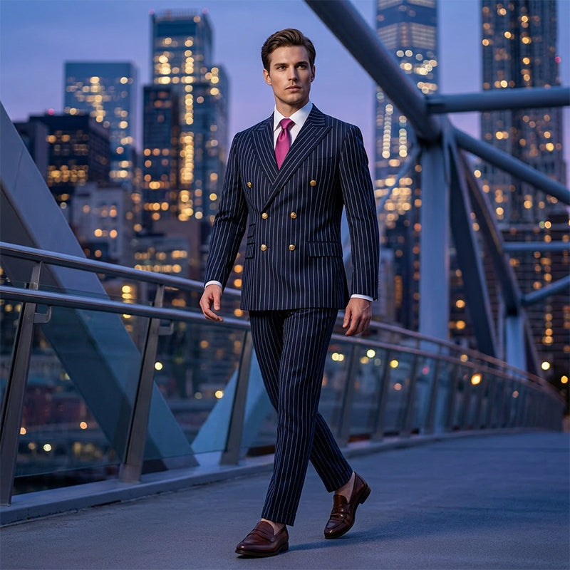 🔥Offre à durée limitée - Ensemble costume à double boutonnage à fines rayures pour homme