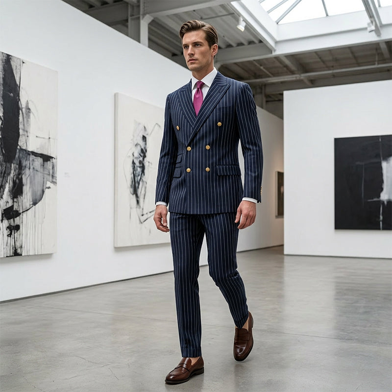 🔥Offre à durée limitée - Ensemble costume à double boutonnage à fines rayures pour homme