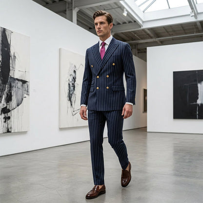 🔥Offre à durée limitée - Ensemble costume à double boutonnage à fines rayures pour homme