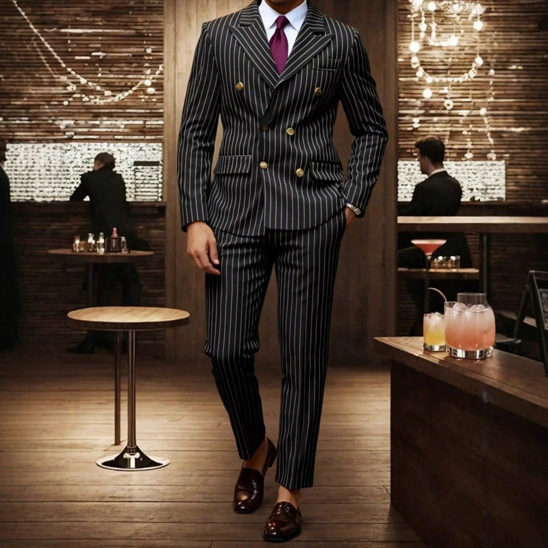 🔥Offre à durée limitée - Ensemble costume à double boutonnage à fines rayures pour homme