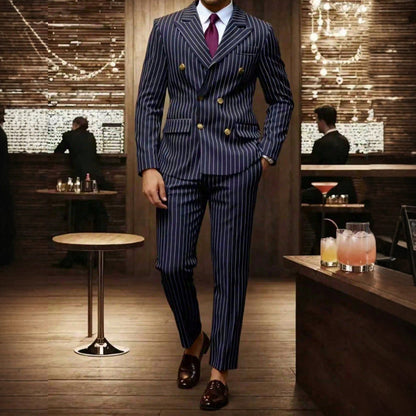 🔥Offre à durée limitée - Ensemble costume à double boutonnage à fines rayures pour homme