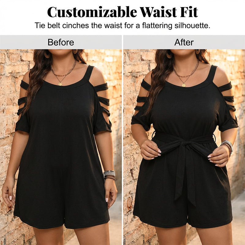 👗50 % de réduction !✨Combinaison-short décontractée à épaules dénudées pour femme avec ceinture à nouer