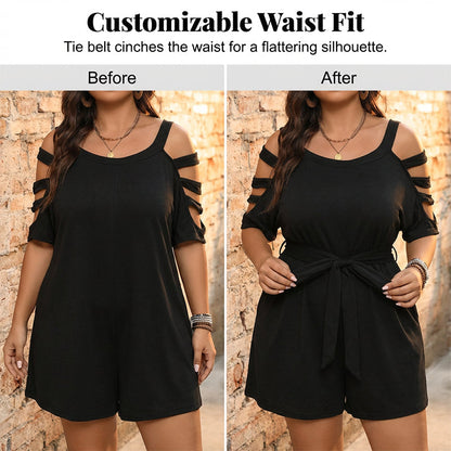👗50 % de réduction !✨Combinaison-short décontractée à épaules dénudées pour femme avec ceinture à nouer