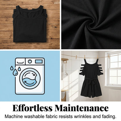 👗50 % de réduction !✨Combinaison-short décontractée à épaules dénudées pour femme avec ceinture à nouer