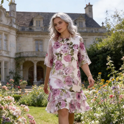 Robe à volants étagés à manches courtes et imprimé floral pour femme