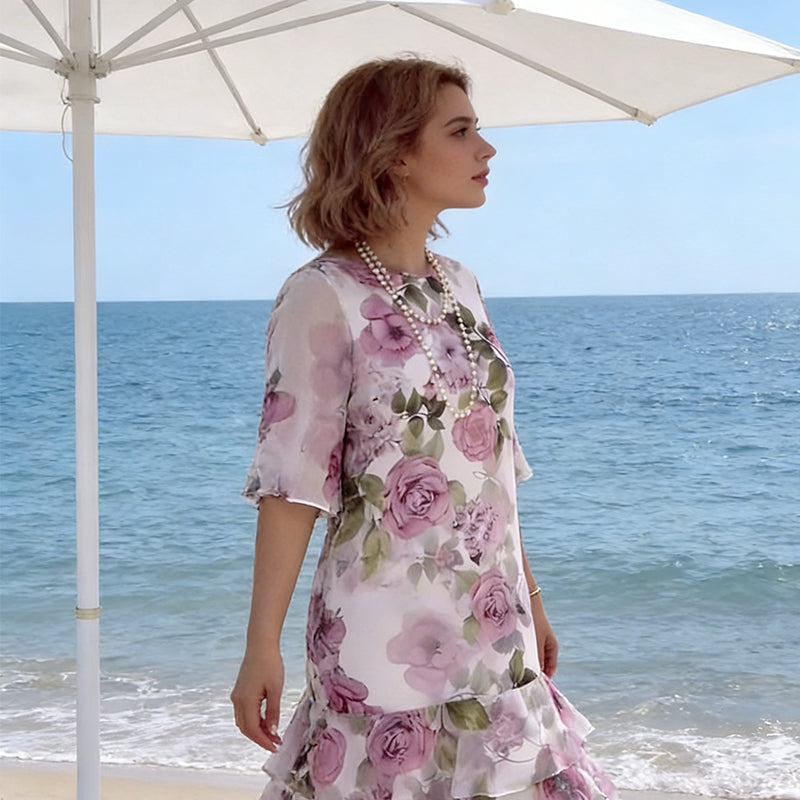 Robe à volants étagés à manches courtes et imprimé floral pour femme