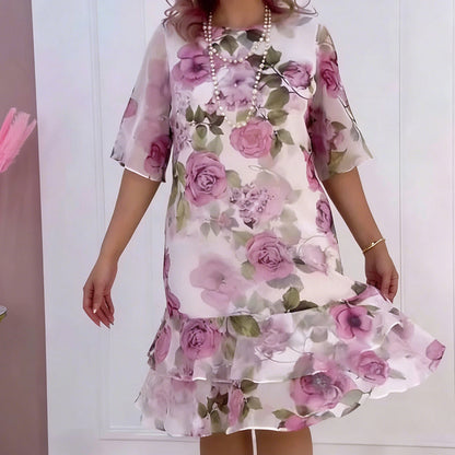 Robe à volants étagés à manches courtes et imprimé floral pour femme