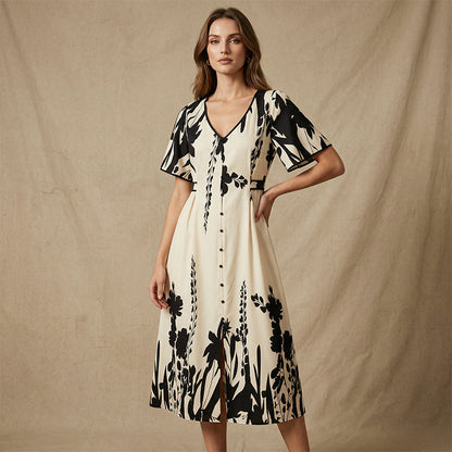 🔥Tendance 2026🔥Robe midi à col V et imprimé botanique doux – Élégante, légère et facile à assortir