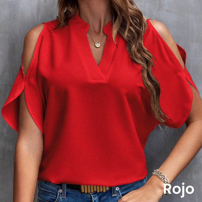 T-shirt monochrome élégant pour femme, col en V et épaules dénudées