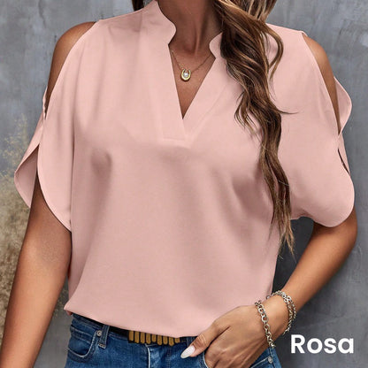 T-shirt monochrome élégant pour femme, col en V et épaules dénudées