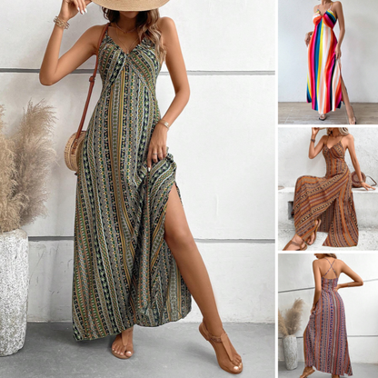 Robe longue imprimée à bretelles fines et fente latérale