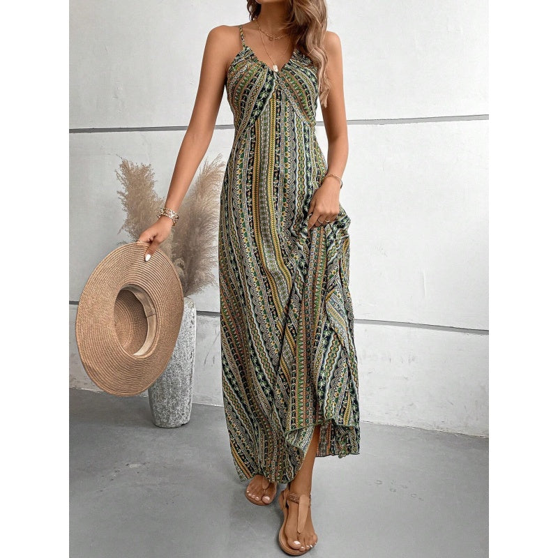 Robe longue imprimée à bretelles fines et fente latérale