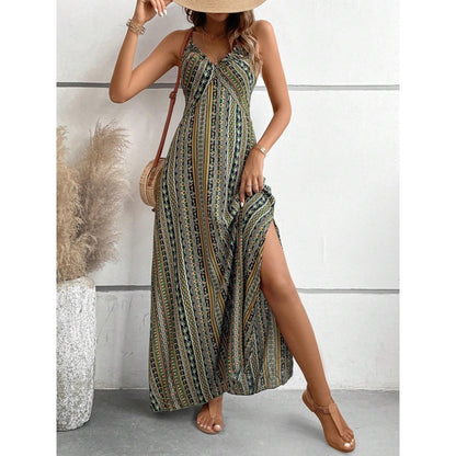 Robe longue imprimée à bretelles fines et fente latérale