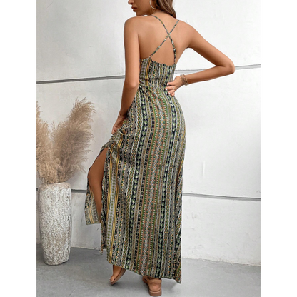 Robe longue imprimée à bretelles fines et fente latérale