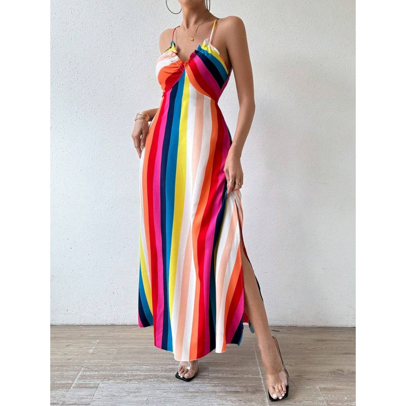 Robe longue imprimée à bretelles fines et fente latérale