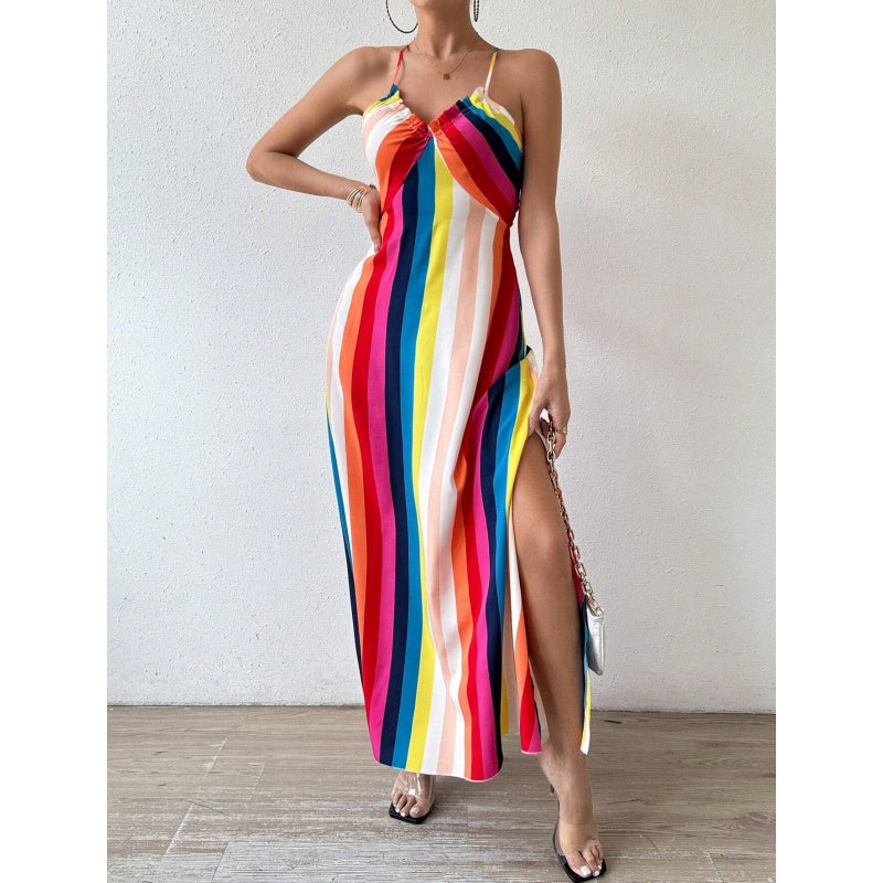 Robe longue imprimée à bretelles fines et fente latérale