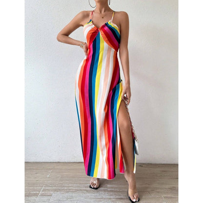 Robe longue imprimée à bretelles fines et fente latérale