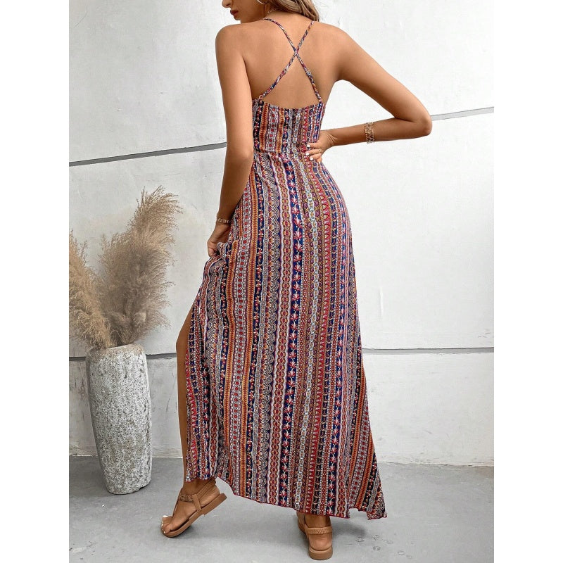 Robe longue imprimée à bretelles fines et fente latérale