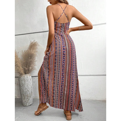 Robe longue imprimée à bretelles fines et fente latérale
