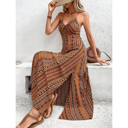 Robe longue imprimée à bretelles fines et fente latérale