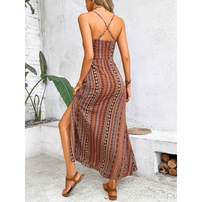 Robe longue imprimée à bretelles fines et fente latérale