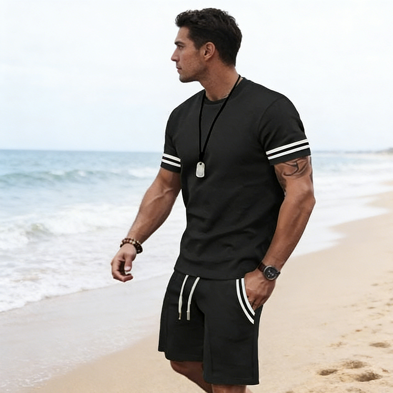 ✨ 50 % de réduction🔥 Ensemble 2 pièces pour homme : t-shirt rayé et short