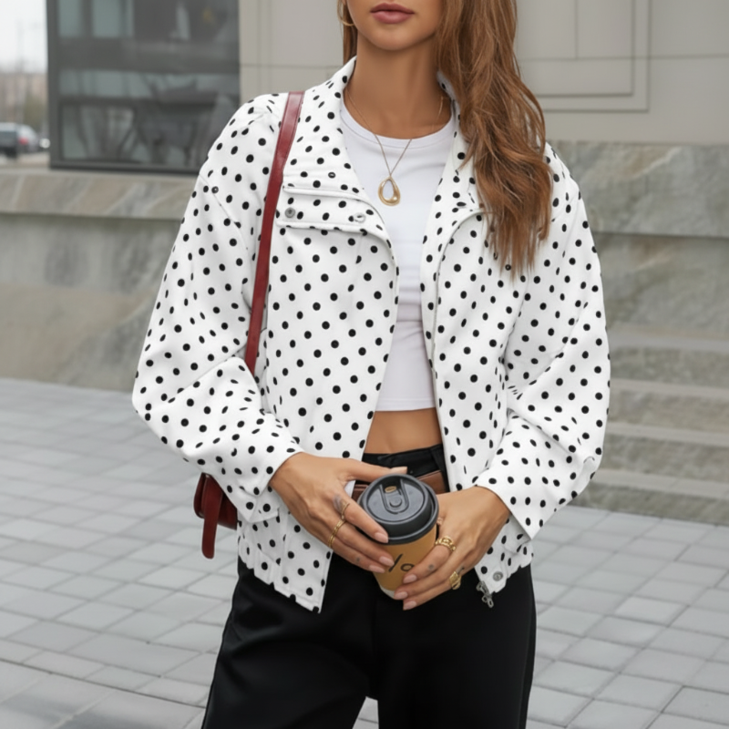🌺Vente flash de printemps : 50 % de réduction !💐Veste courte à pois pour femme avec col montant