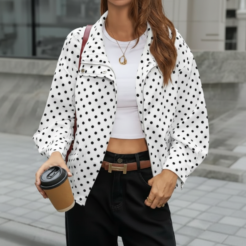 🌺Vente flash de printemps : 50 % de réduction !💐Veste courte à pois pour femme avec col montant