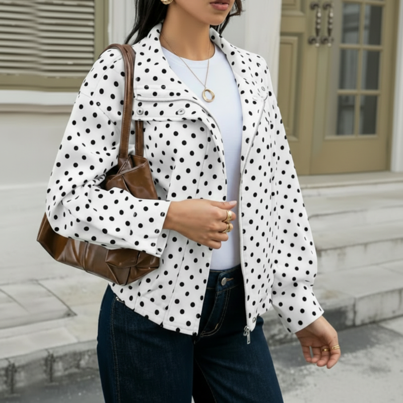 🌺Vente flash de printemps : 50 % de réduction !💐Veste courte à pois pour femme avec col montant